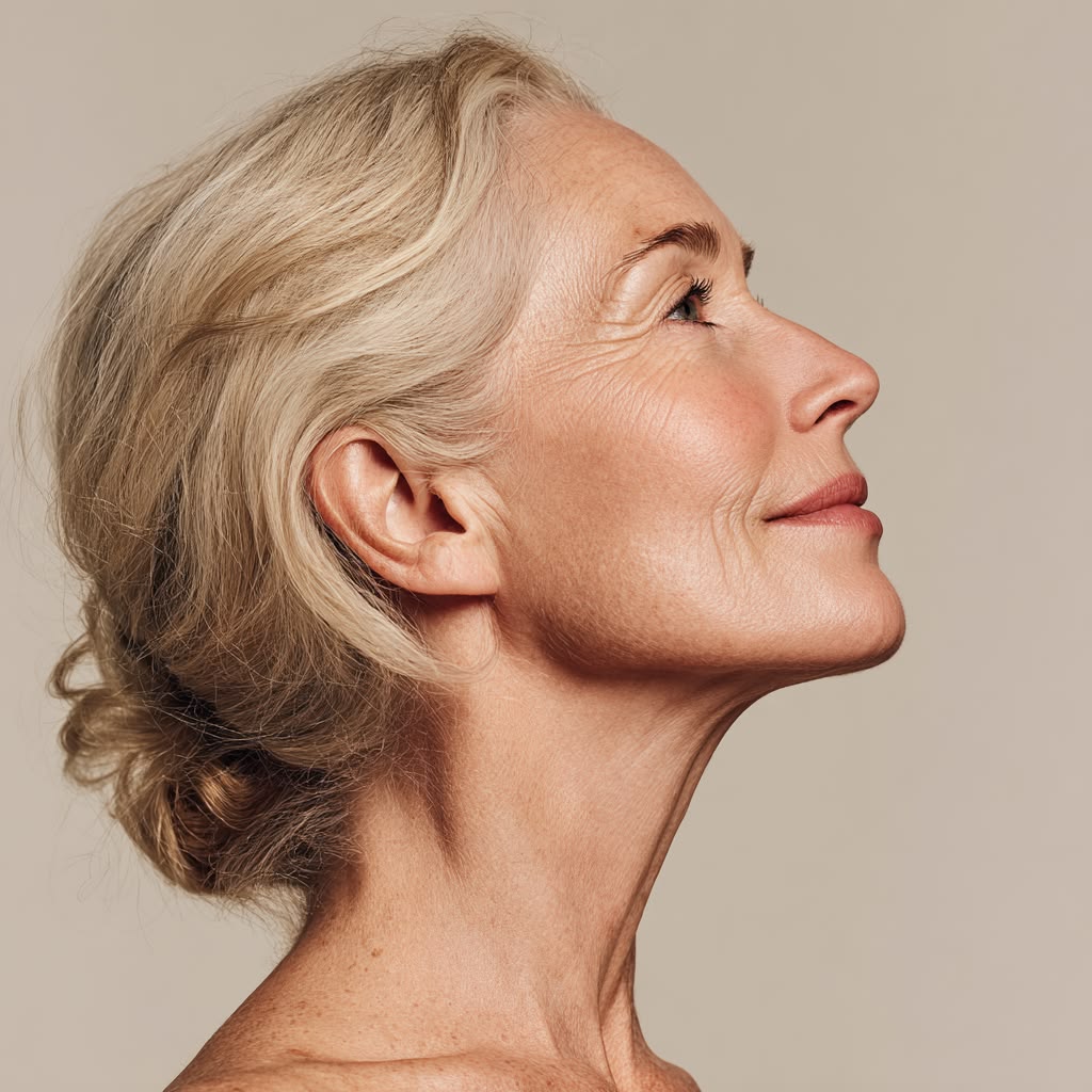 Woman with a smooth, rejuvenated neck and jawline at Healing Aesthetics in Hinsdale, IL